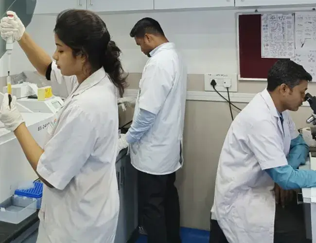 A group of medical professionals doing blood tests in the nephrocare hospital lab